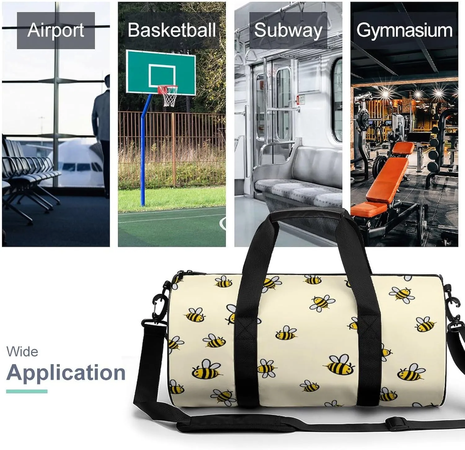 Cute Bee Pattern Large Capacity Cylindrical Fitness Bag, Hand-held Fitness Bag