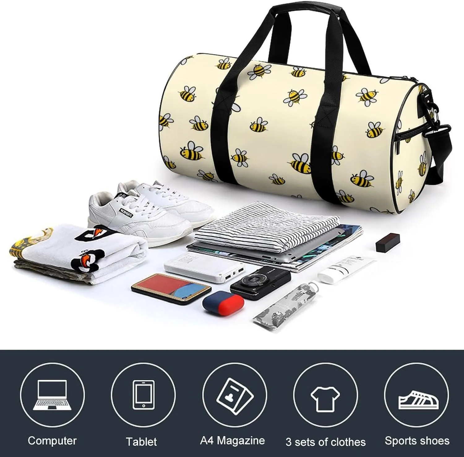Cute Bee Pattern Large Capacity Cylindrical Fitness Bag, Hand-held Fitness Bag