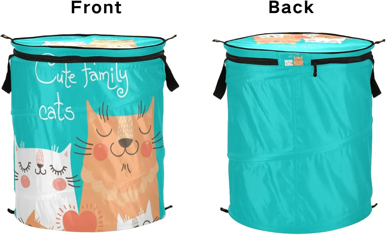 Cute Cats Family Parents and Children in Orange White on Turquoise Pop Up Laundry Hamper, Collapsible Dirty Clothes Basket with Zipper Lid, Storage Bag Washing Bin for Room College Dorm Travel
