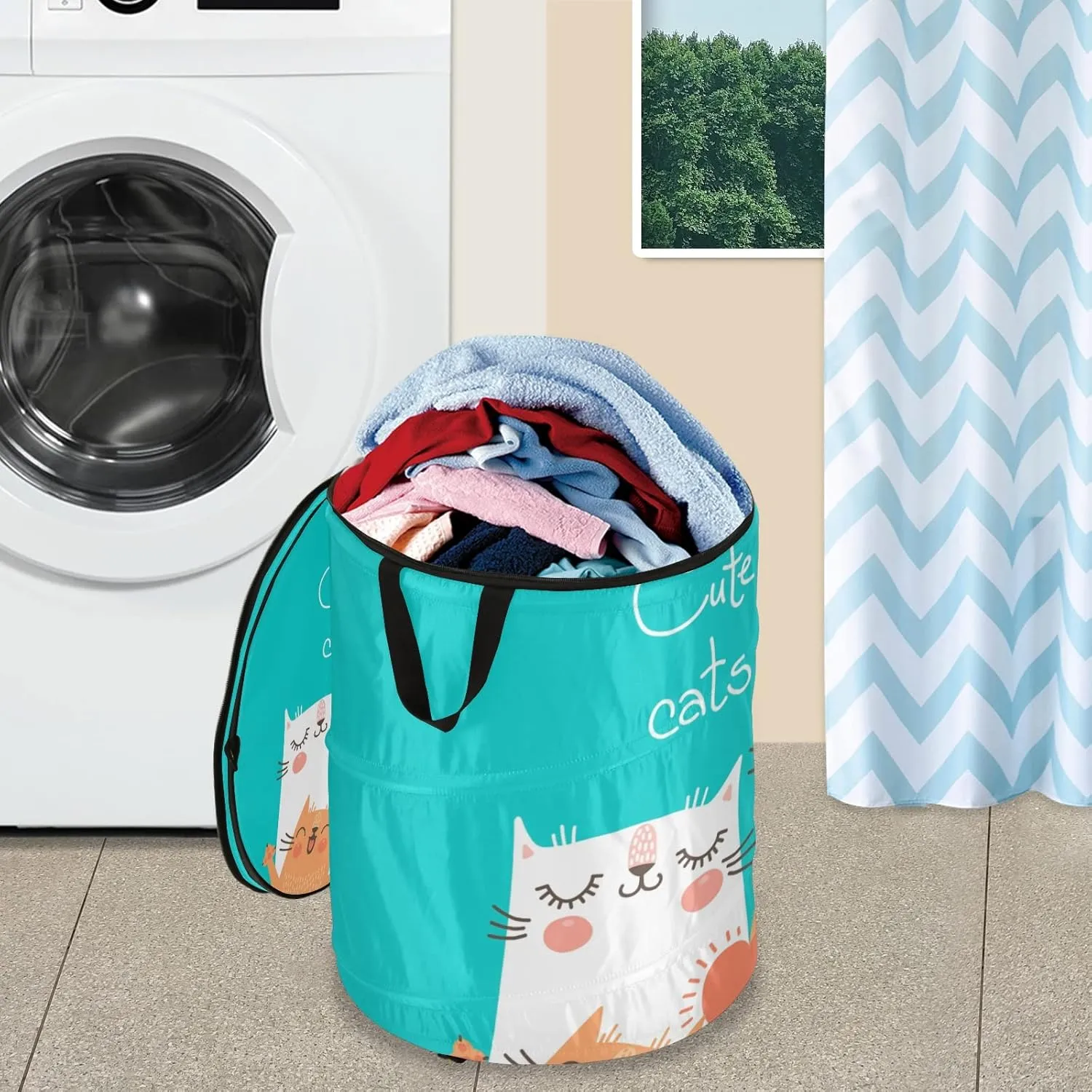 Cute Cats Family Parents and Children in Orange White on Turquoise Pop Up Laundry Hamper, Collapsible Dirty Clothes Basket with Zipper Lid, Storage Bag Washing Bin for Room College Dorm Travel
