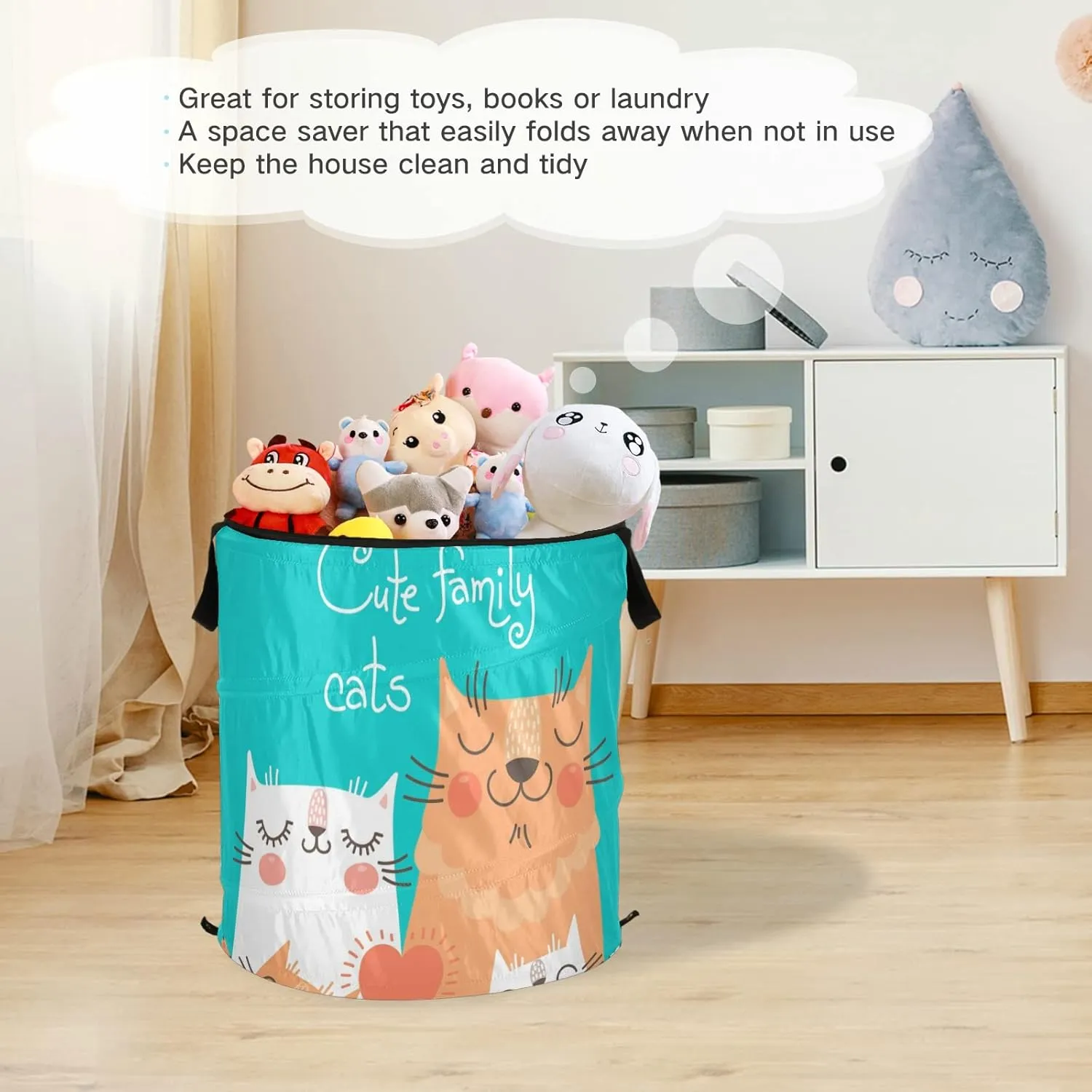Cute Cats Family Parents and Children in Orange White on Turquoise Pop Up Laundry Hamper, Collapsible Dirty Clothes Basket with Zipper Lid, Storage Bag Washing Bin for Room College Dorm Travel