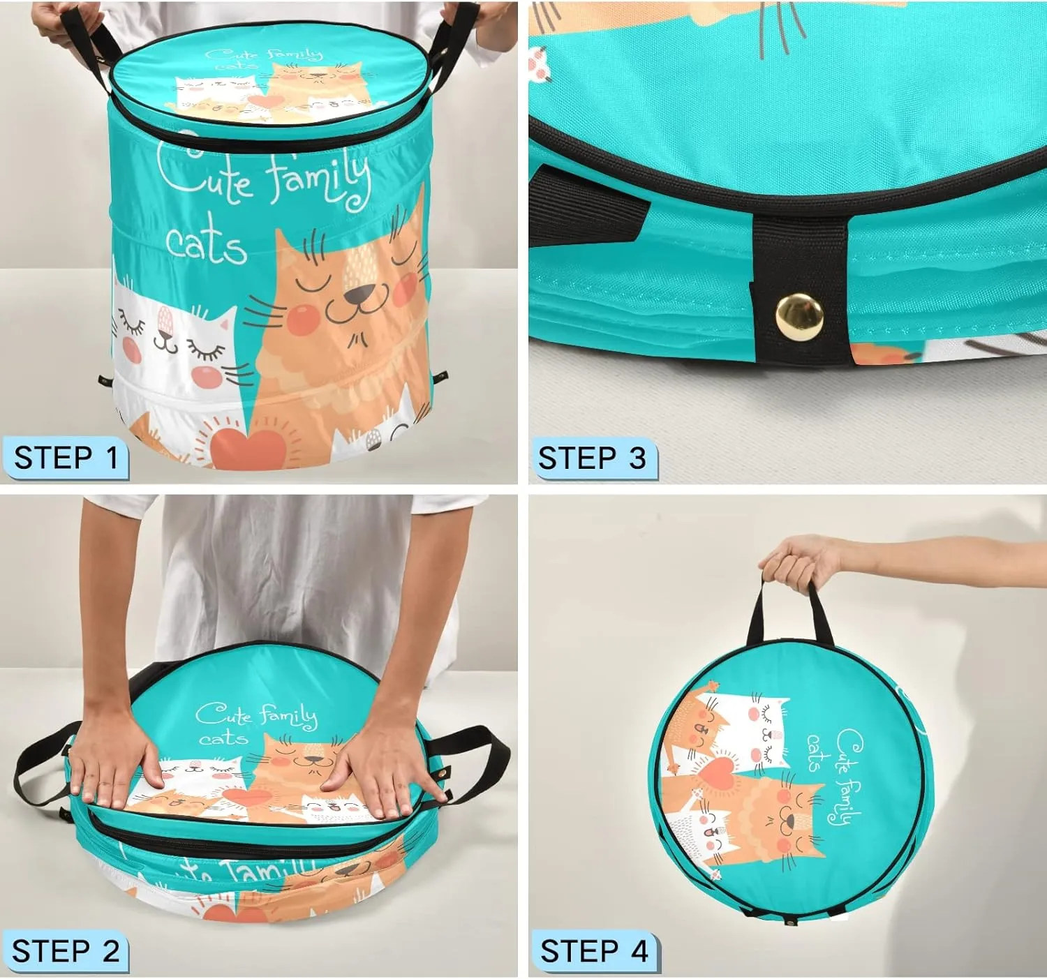 Cute Cats Family Parents and Children in Orange White on Turquoise Pop Up Laundry Hamper, Collapsible Dirty Clothes Basket with Zipper Lid, Storage Bag Washing Bin for Room College Dorm Travel