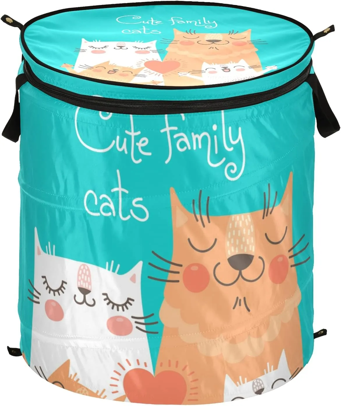 Cute Cats Family Parents and Children in Orange White on Turquoise Pop Up Laundry Hamper, Collapsible Dirty Clothes Basket with Zipper Lid, Storage Bag Washing Bin for Room College Dorm Travel