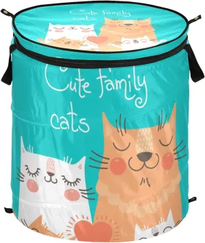 Cute Cats Family Parents and Children in Orange White on Turquoise Pop Up Laundry Hamper, Collapsible Dirty Clothes Basket with Zipper Lid, Storage Bag Washing Bin for Room College Dorm Travel