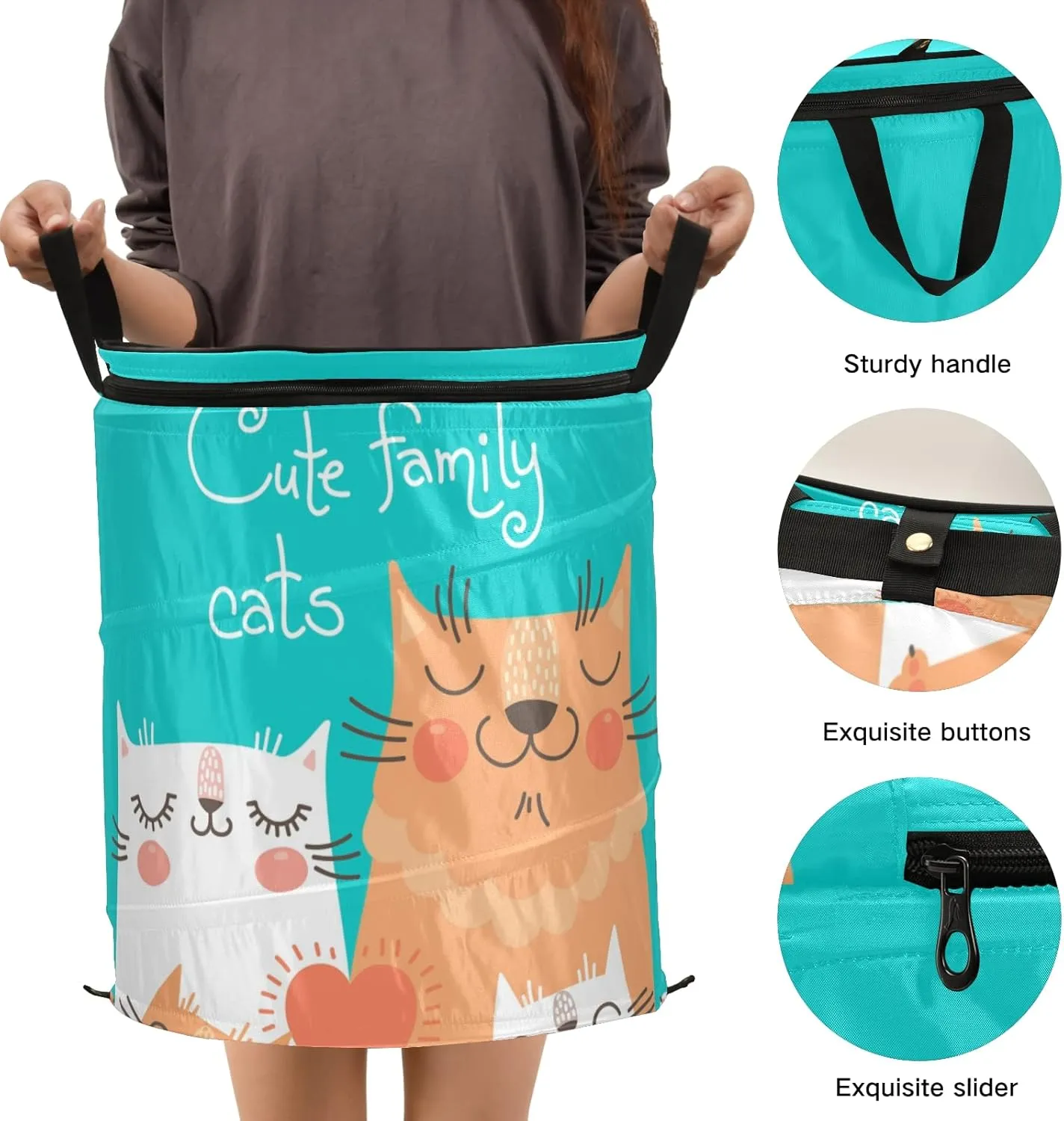 Cute Cats Family Parents and Children in Orange White on Turquoise Pop Up Laundry Hamper, Collapsible Dirty Clothes Basket with Zipper Lid, Storage Bag Washing Bin for Room College Dorm Travel