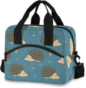 Cute Handdrawn Hedgehogs Lunch Bag for Women Men Insulated Lunch Box Tote Bag with Detachable Shoulder Strap & Carry Handle,Reusable Cooler Bag for Work School Picnic