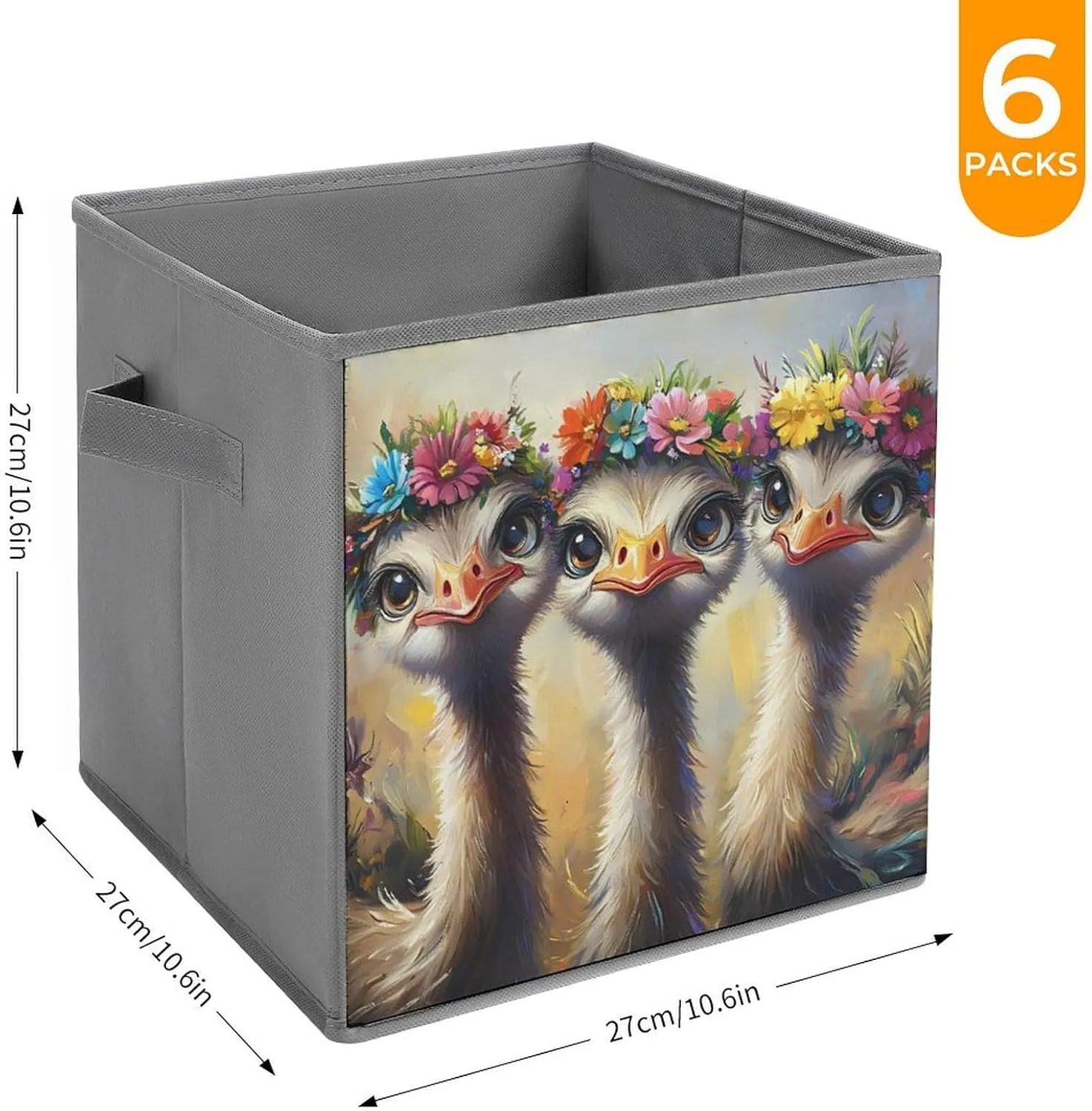 Cute Ostriches And Flower Crow Storage Bins Fabric Cube Organizer Collapsible with Double Handles 6PCS