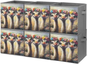 Cute Ostriches And Flower Crow Storage Bins Fabric Cube Organizer Collapsible with Double Handles 6PCS