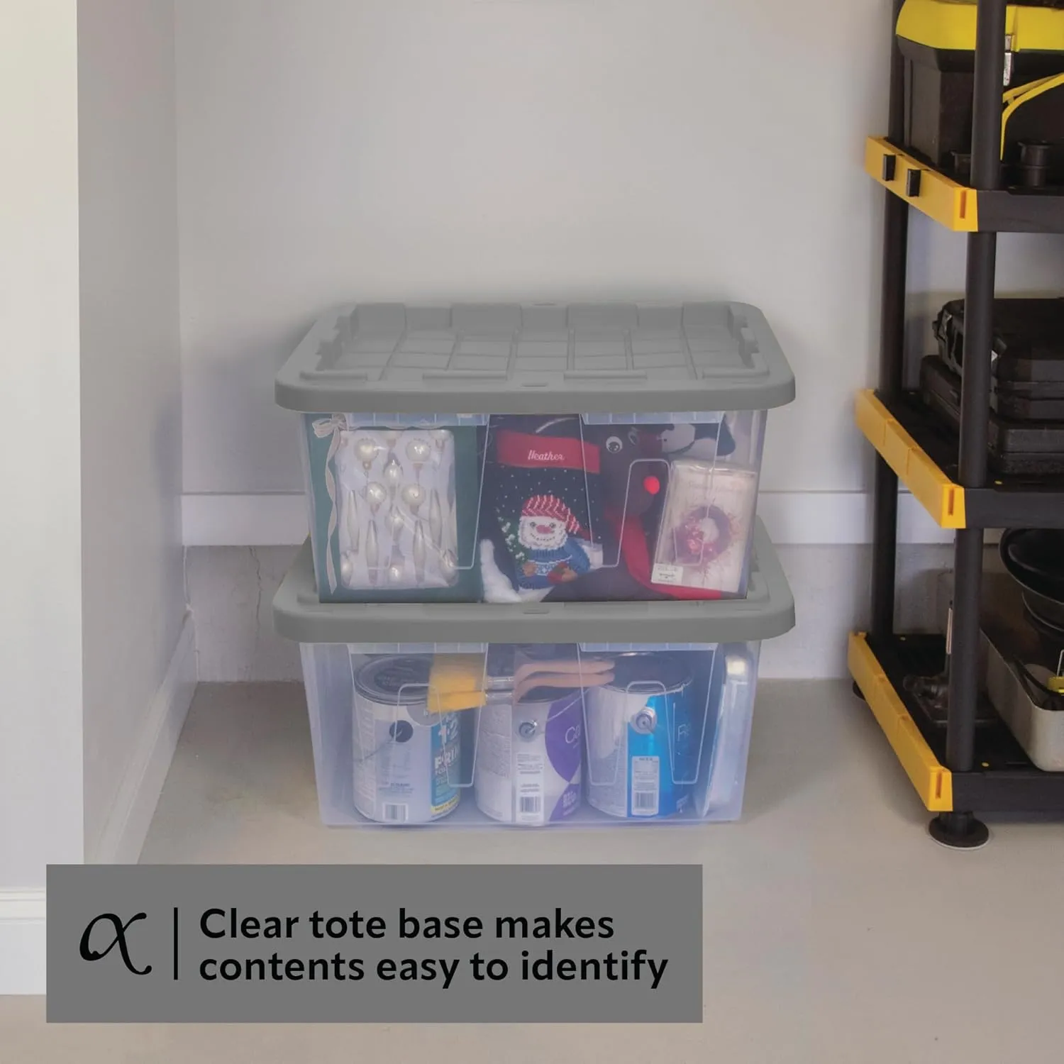 CX BLACK & YELLOW®, 27-Gallon Heavy Duty Clear Storage Container & Snap-Tight Lid, Clear & Grey (14.3”H x 20.6”W x 30.6”D), Weather-Resistant, Stackable, See-Through Organization Tote [4 Pack]