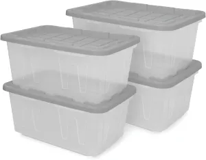 CX BLACK & YELLOW®, 27-Gallon Heavy Duty Clear Storage Container & Snap-Tight Lid, Clear & Grey (14.3”H x 20.6”W x 30.6”D), Weather-Resistant, Stackable, See-Through Organization Tote [4 Pack]
