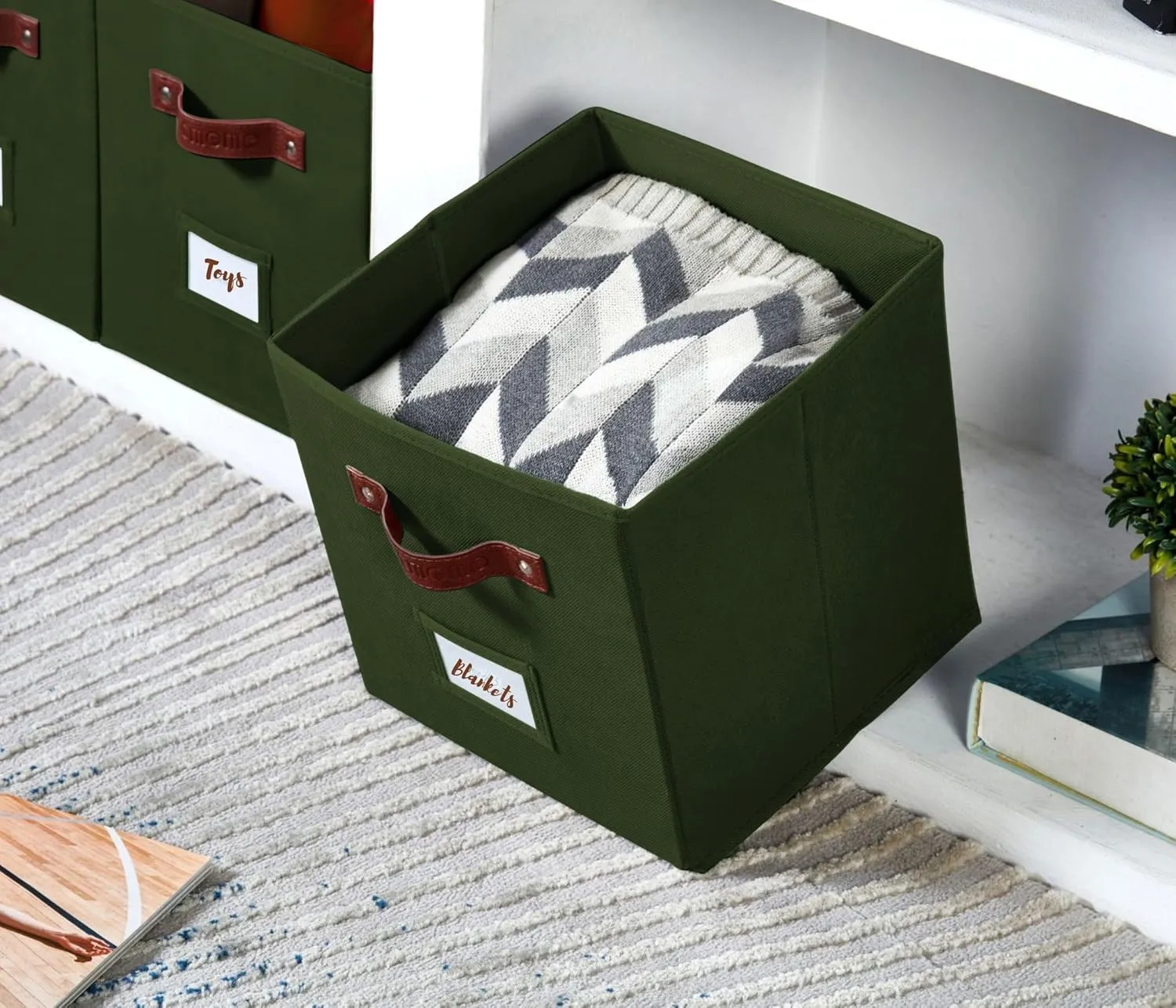 DECOMOMO Storage Bins, Cube Storage Bin with Labels, Fabric Storage Cubes for Shelves (10.5" x 11" / 6pcs, Olive Green)