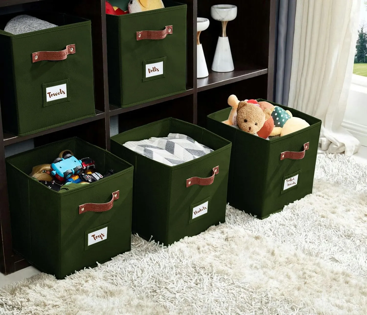 DECOMOMO Storage Bins, Cube Storage Bin with Labels, Fabric Storage Cubes for Shelves (10.5" x 11" / 6pcs, Olive Green)
