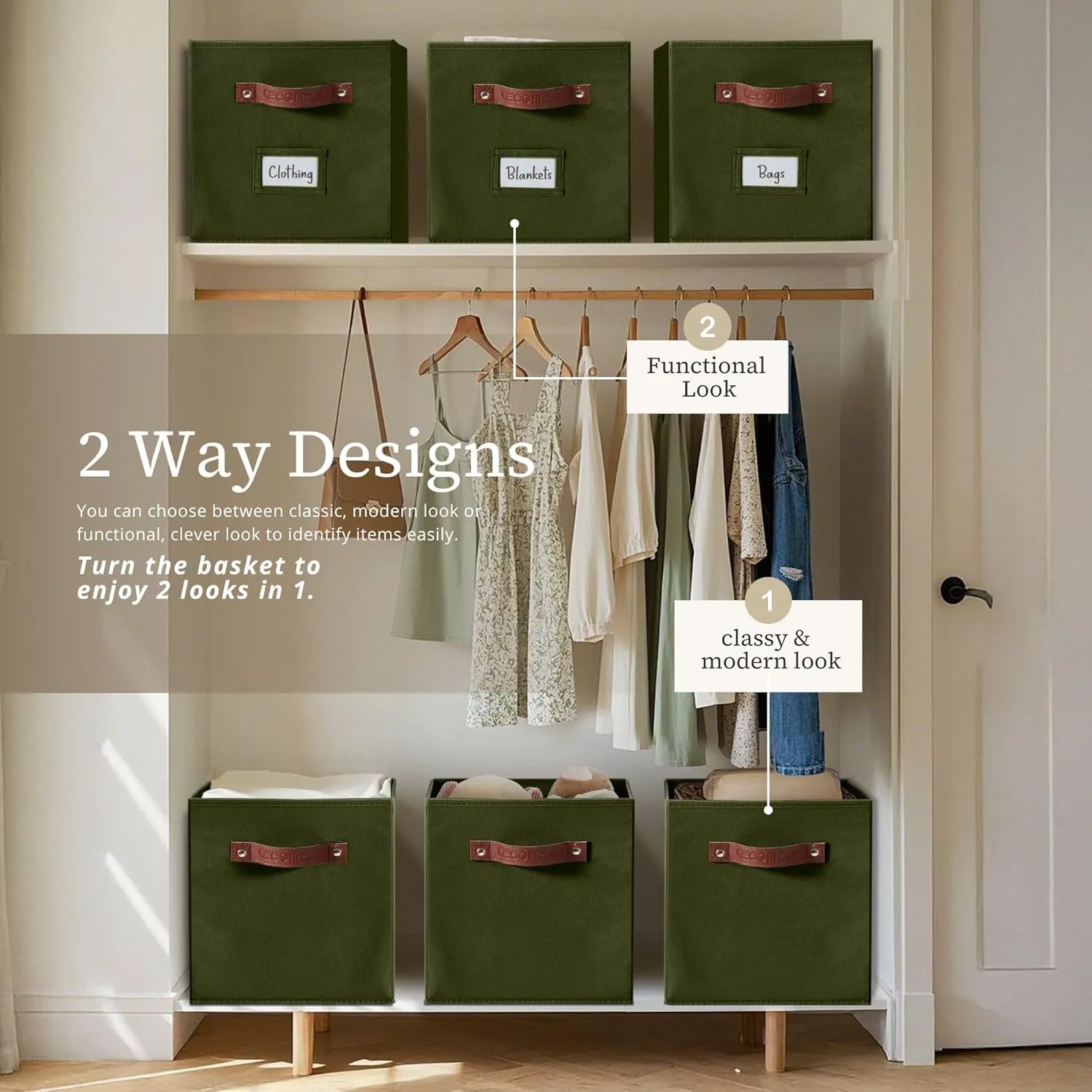 DECOMOMO Storage Bins, Cube Storage Bin with Labels, Fabric Storage Cubes for Shelves (10.5" x 11" / 6pcs, Olive Green)