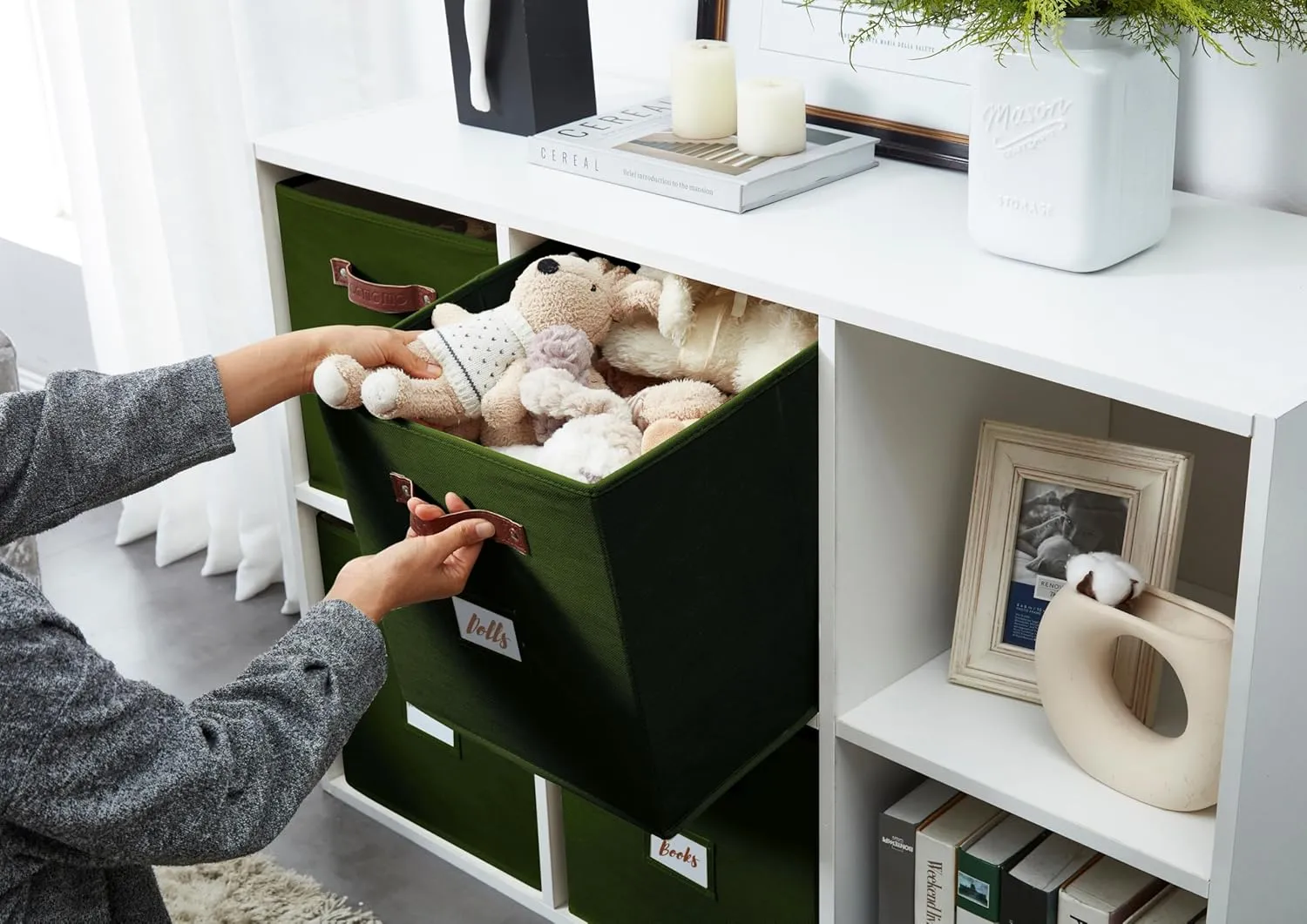DECOMOMO Storage Bins, Cube Storage Bin with Labels, Fabric Storage Cubes for Shelves (10.5" x 11" / 6pcs, Olive Green)