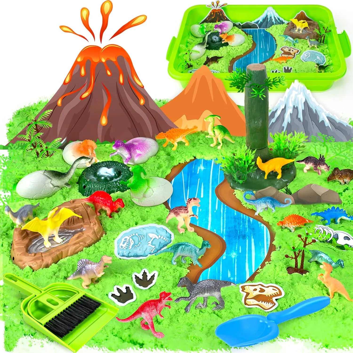 Dinosaur Sensory Bin Toys for Kids, 49Pcs Dinosaur Sandbox Play Sand Kit with 2.2lbs Magic Sand, Dino Figures, Forest Scene Models, Shovel, Preschool Toddler Activities Birthday Gift for Age 3-8