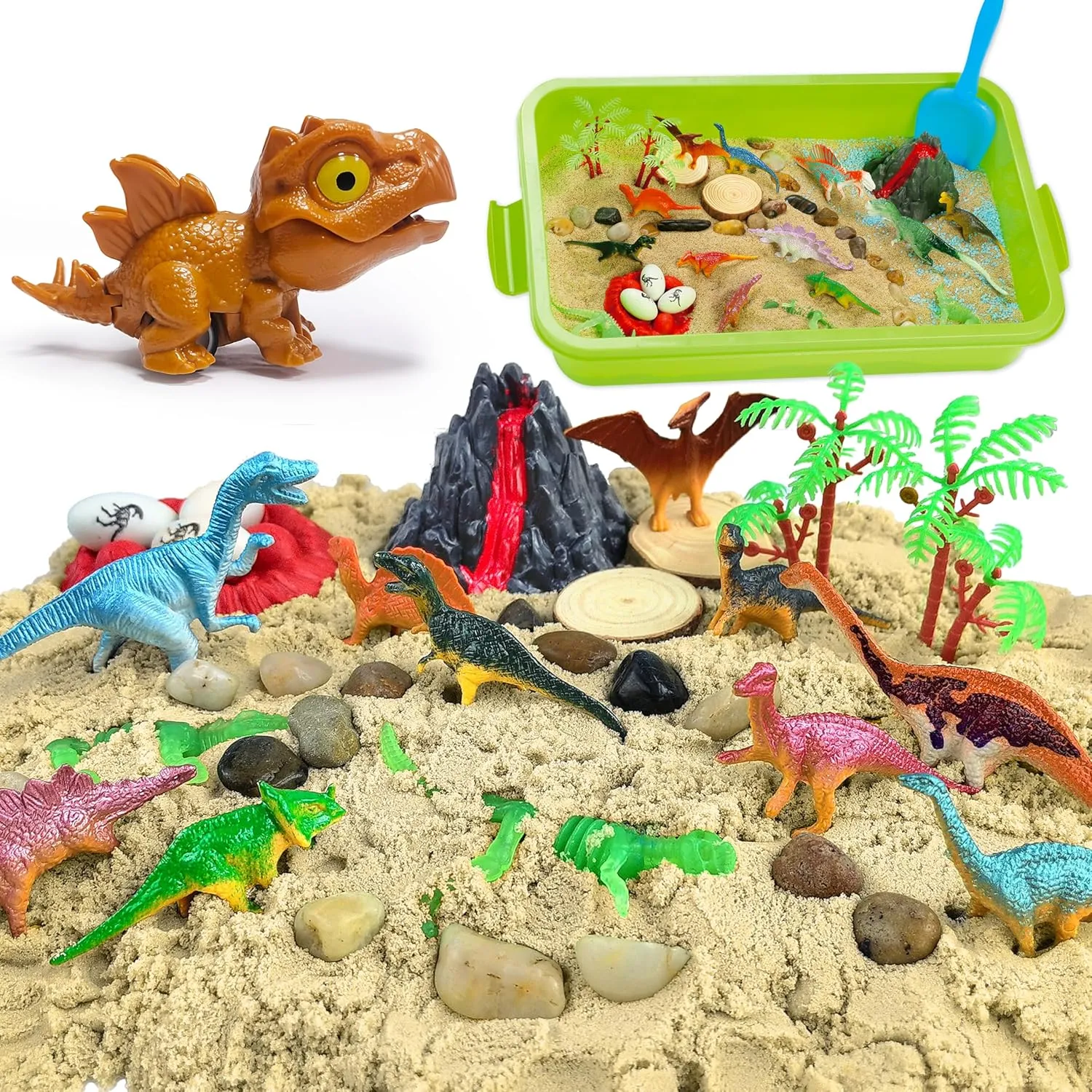 Dinosaur Sensory Bin,Dinosaur Sandbox,Kid Play Sand Kit with Sensory Sand and Glow in The Dark Dinosaurs,Sensory Sand Play Kit for Kids 3 4 5 6 7