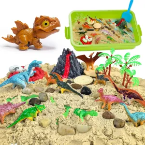 Dinosaur Sensory Bin,Dinosaur Sandbox,Kid Play Sand Kit with Sensory Sand and Glow in The Dark Dinosaurs,Sensory Sand Play Kit for Kids 3 4 5 6 7