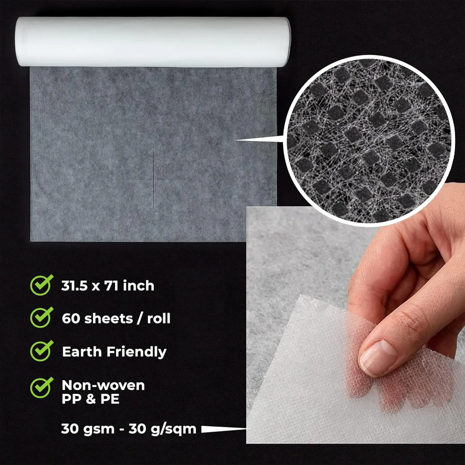 Disposable Massage Bed Cover - 60 Sheets Per Roll, Non-woven Disposable Material - Ideal for Spa, Massage Table, Tattoo, Waxing Table - No Crinkle Table Sheets - 31.5 x 71 Inches (6 Rolls)