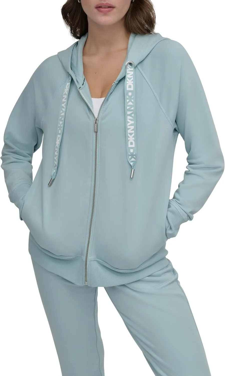 DKNY Women's Logo Drawstring Zip Up Hoodie, Activewear Sweatshirt