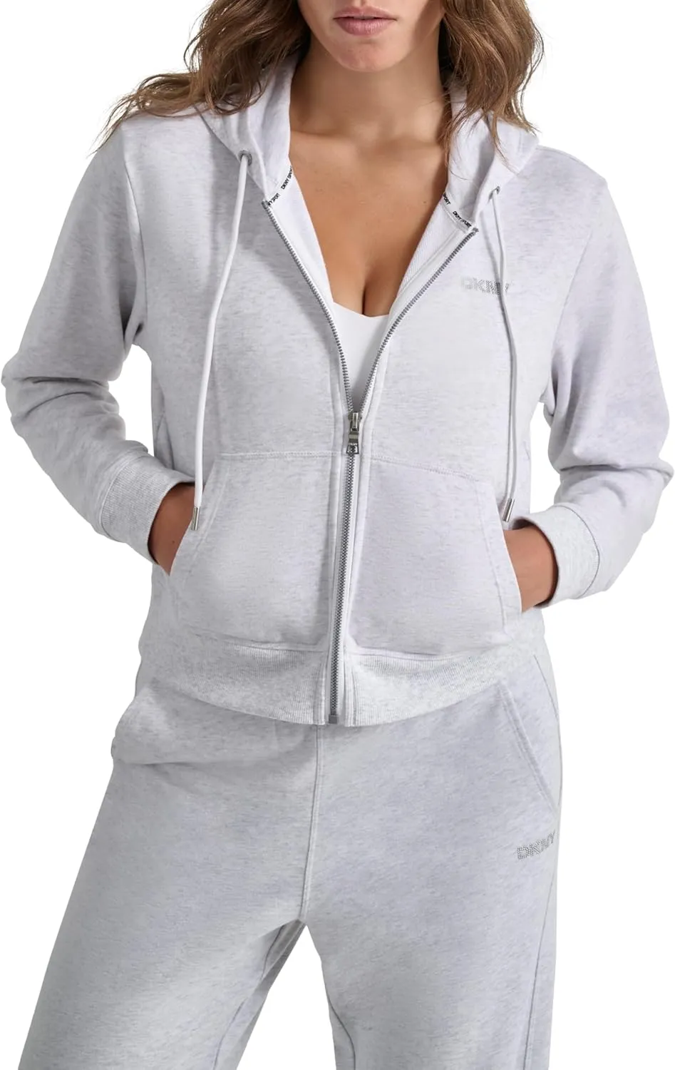 DKNY womens Studded Logo Full Zip Cropped Fleece Hoodi