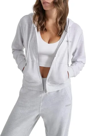 DKNY womens Studded Logo Full Zip Cropped Fleece Hoodi