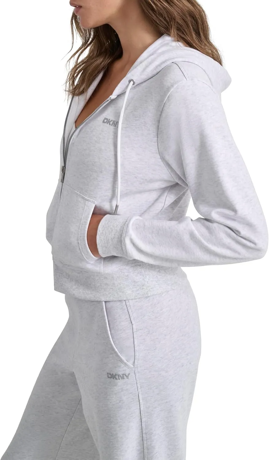 DKNY womens Studded Logo Full Zip Cropped Fleece Hoodi