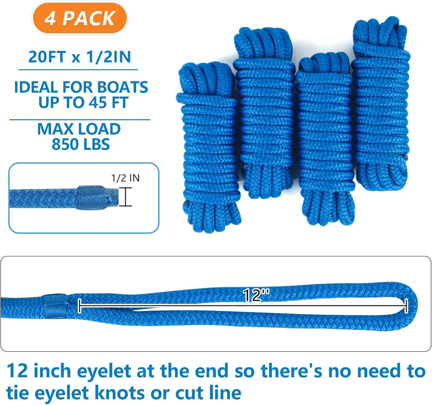 Dock Lines 20' x 1/2" Double Braided Marine Mooring Ropes 2 Pack, Boat Ropes for Docking with 12'' Eyelet Premium Dock Lines for Boats