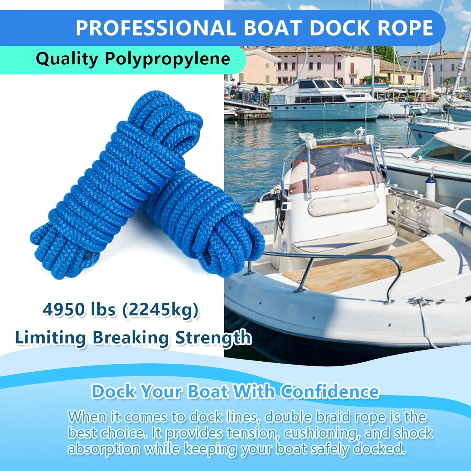Dock Lines 20' x 1/2" Double Braided Marine Mooring Ropes 2 Pack, Boat Ropes for Docking with 12'' Eyelet Premium Dock Lines for Boats