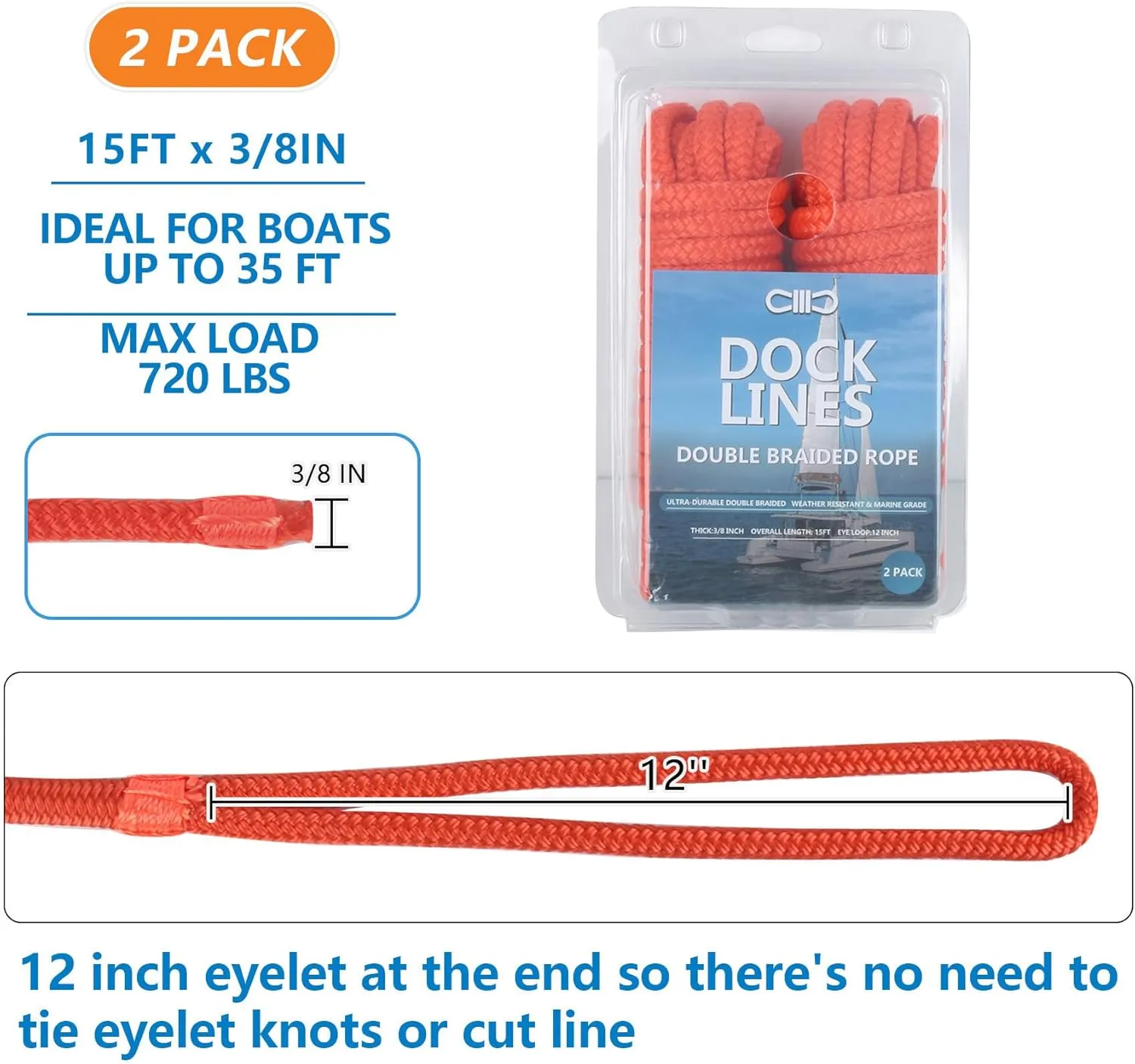 Dock Lines Boat Lines for Docking with Loop Double Braided Marine Mooring Ropes Boat Ropes for Docking with Eyelet Premium Dock Lines for Boats - 2 Pack,4 Pack
