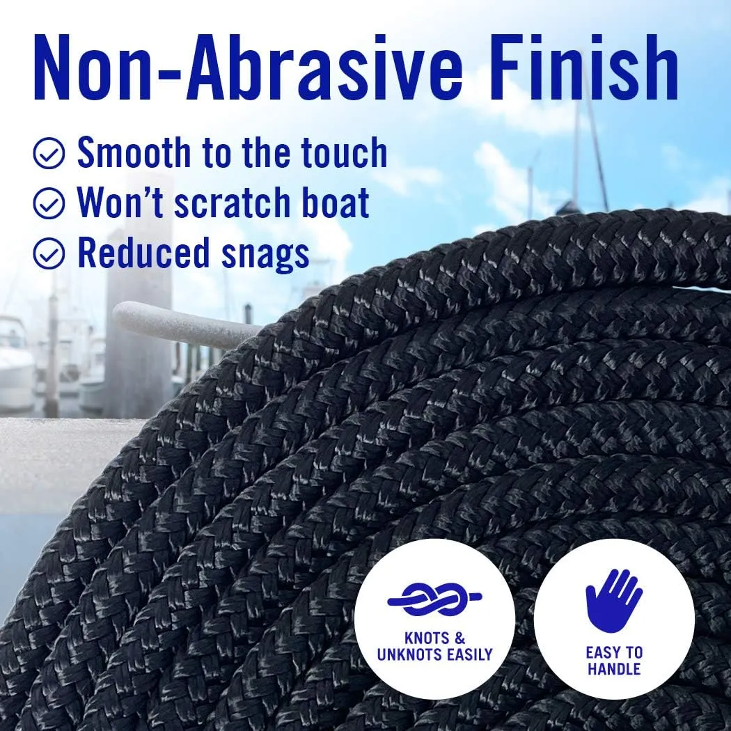 Dock Lines Boat Ropes for Docking, 3/8" Double Braided Mooring Marine Rope, 15ft Nylon Rope with Loop, Black, 4 Pack