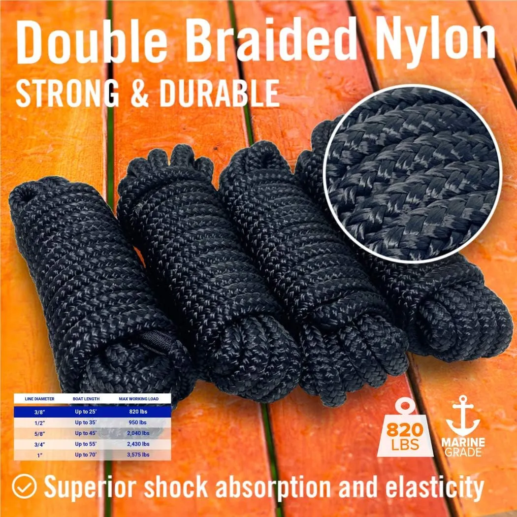 Dock Lines Boat Ropes for Docking, 3/8" Double Braided Mooring Marine Rope, 15ft Nylon Rope with Loop, Black, 4 Pack