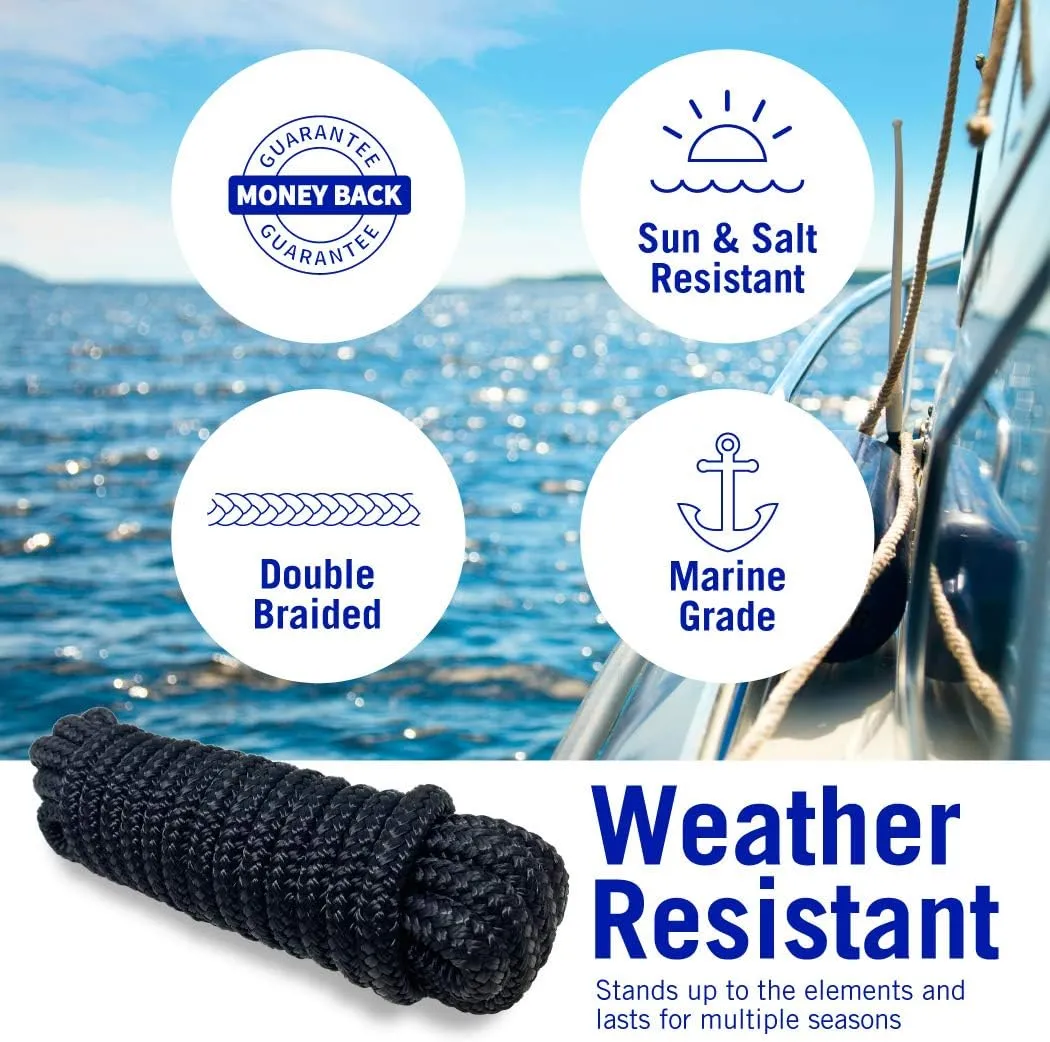 Dock Lines Boat Ropes for Docking, 3/8" Double Braided Mooring Marine Rope, 15ft Nylon Rope with Loop, Black, 4 Pack