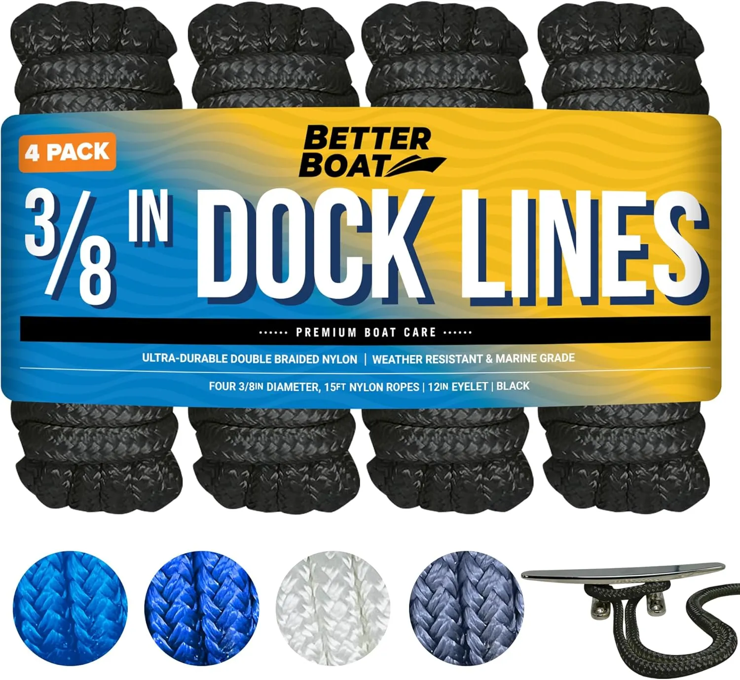 Dock Lines Boat Ropes for Docking, 3/8" Double Braided Mooring Marine Rope, 15ft Nylon Rope with Loop, Black, 4 Pack