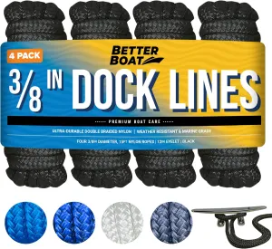 Dock Lines Boat Ropes for Docking, 3/8" Double Braided Mooring Marine Rope, 15ft Nylon Rope with Loop, Black, 4 Pack