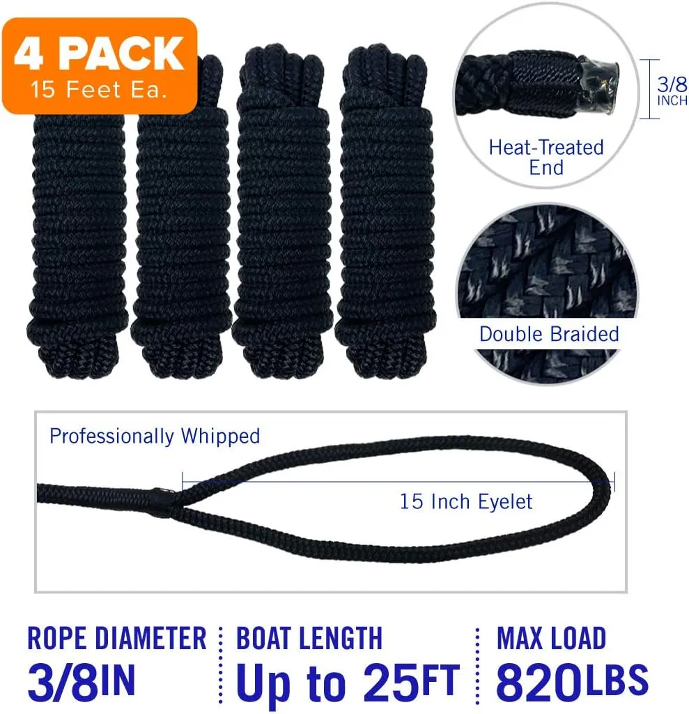 Dock Lines Boat Ropes for Docking, 3/8" Double Braided Mooring Marine Rope, 15ft Nylon Rope with Loop, Black, 4 Pack