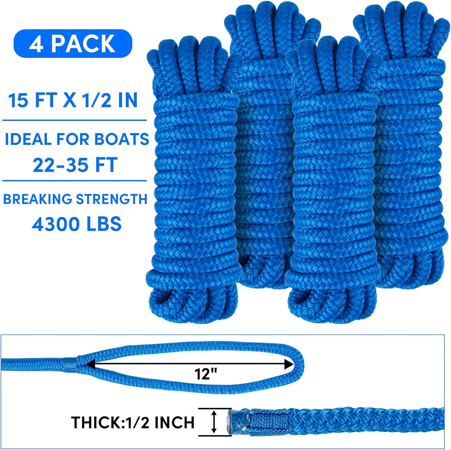 Dock Lines Boat Ropes for Docking Double Braided Mooring Marine Rope Boat Lines for Docking, Dock Lines for Boats with Loop, Boating Rope Boat Lines（2 Pack,4 Pack