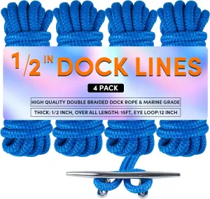 Dock Lines Boat Ropes for Docking Double Braided Mooring Marine Rope Boat Lines for Docking, Dock Lines for Boats with Loop, Boating Rope Boat Lines（2 Pack,4 Pack