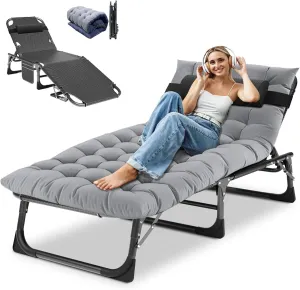 DoCred Heavy Duty Chaise Lounge Chair, Adjustable 5-Position Folding Chaise Lounge Chairs for Outside, Portable Lay Flat Beach Lounge Chair for Outdoor Sunbathing Beach Pool Lawn Camping