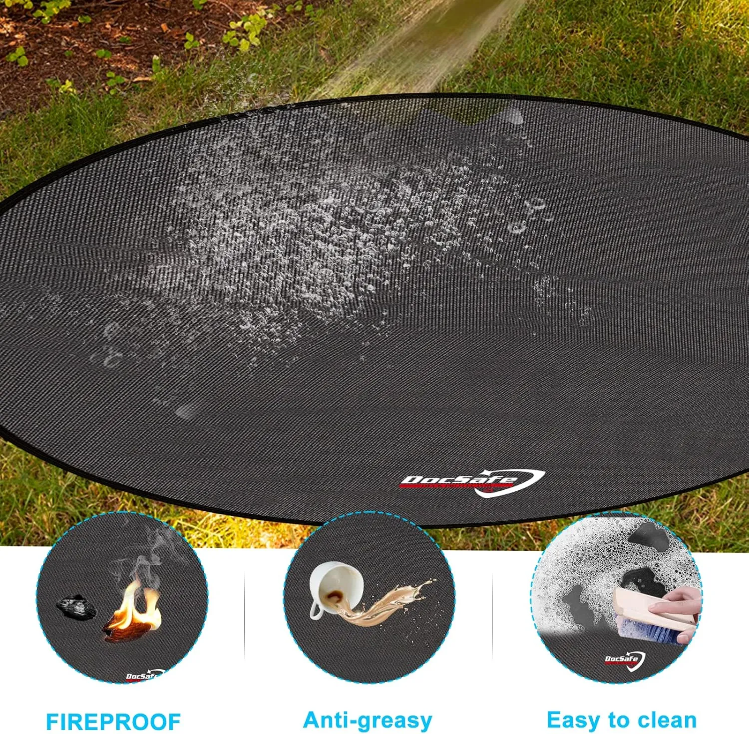 DocSafe 48" Round Fire Pit Mat, 4-Layer Fireproof Under Grill Mat Heat Insulated Indoor Fireplace Pad Protector for Decks,Patios,Grass,BBQ Smoker, Portable Reusable Oil-Proof and Waterproof, Black