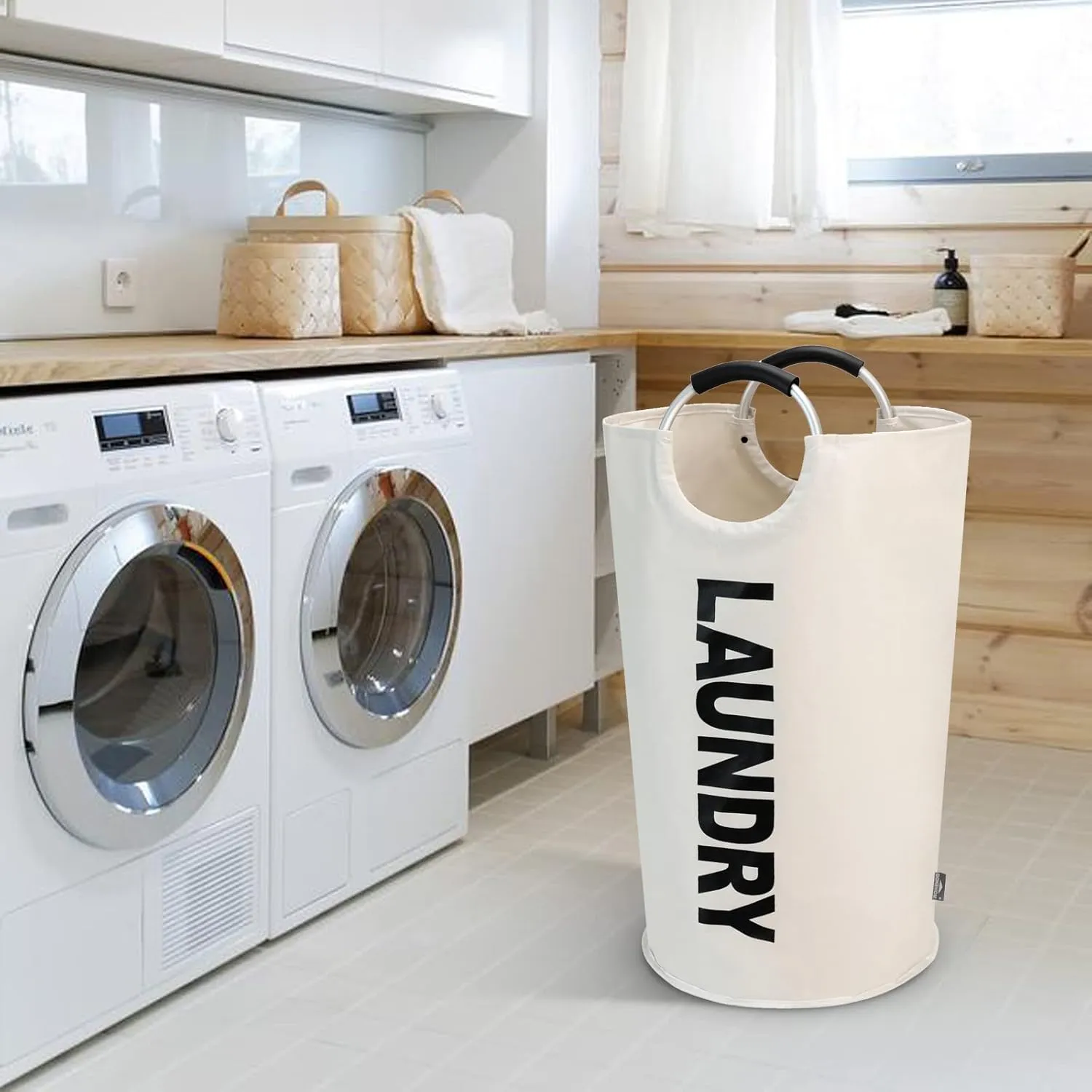 DOKEHOM 125L X-Large Laundry Basket, Collapsible Laundry Bag, Freestanding Tall Clothes Hamper, Foldable Washing Bin (Beige)