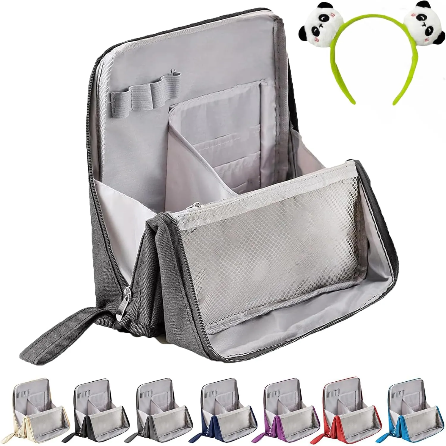 Doresty Makeup Bag, Multi-Purpose Large Capacity Oxford Cloth Standing Makeup Bag, Portable, Large Capacity, Waterproof with Compartments (Gray)