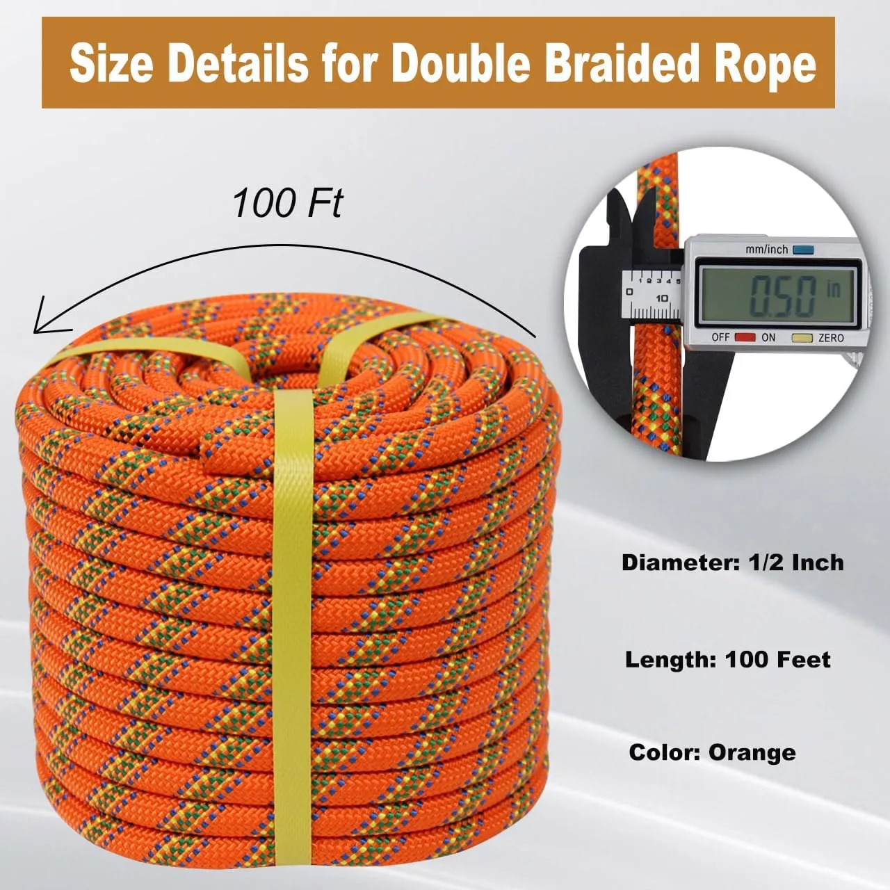 Double Braided Arborist Rope - 1/2 Inch x 100 Feet Polyester Rope - High Strength Climbing Rope for Tree Work, Halyard, Sailing (Orange)