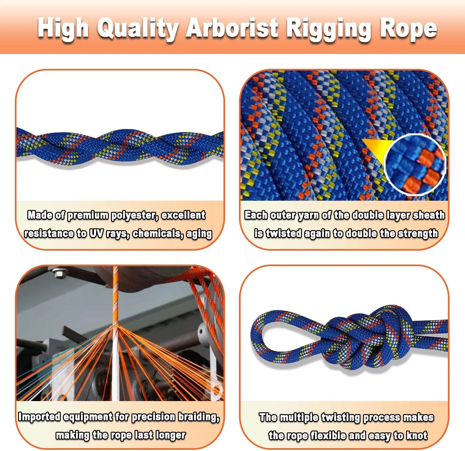 Double Braided Polyester Rope (1/2 Inch x 150 Feet) 48 Strands Strong Arborist Rope Climbing for Tree Work Pulling Swing Sailing, Blue