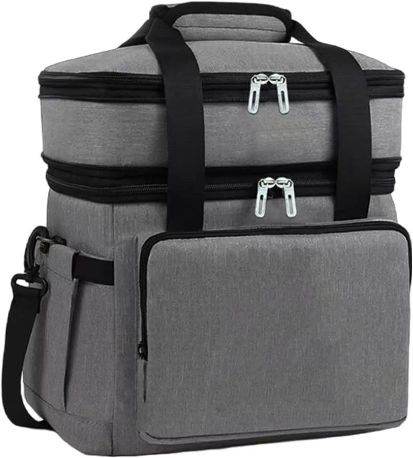 Double Layers Lunch Bag Waterproof Hand-Held Cooler Box Work Bento Bag (Grey)