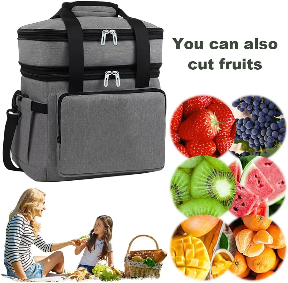 Double Layers Lunch Bag Waterproof Hand-Held Cooler Box Work Bento Bag (Grey)