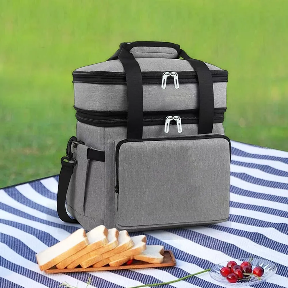 Double Layers Lunch Bag Waterproof Hand-Held Cooler Box Work Bento Bag (Grey)