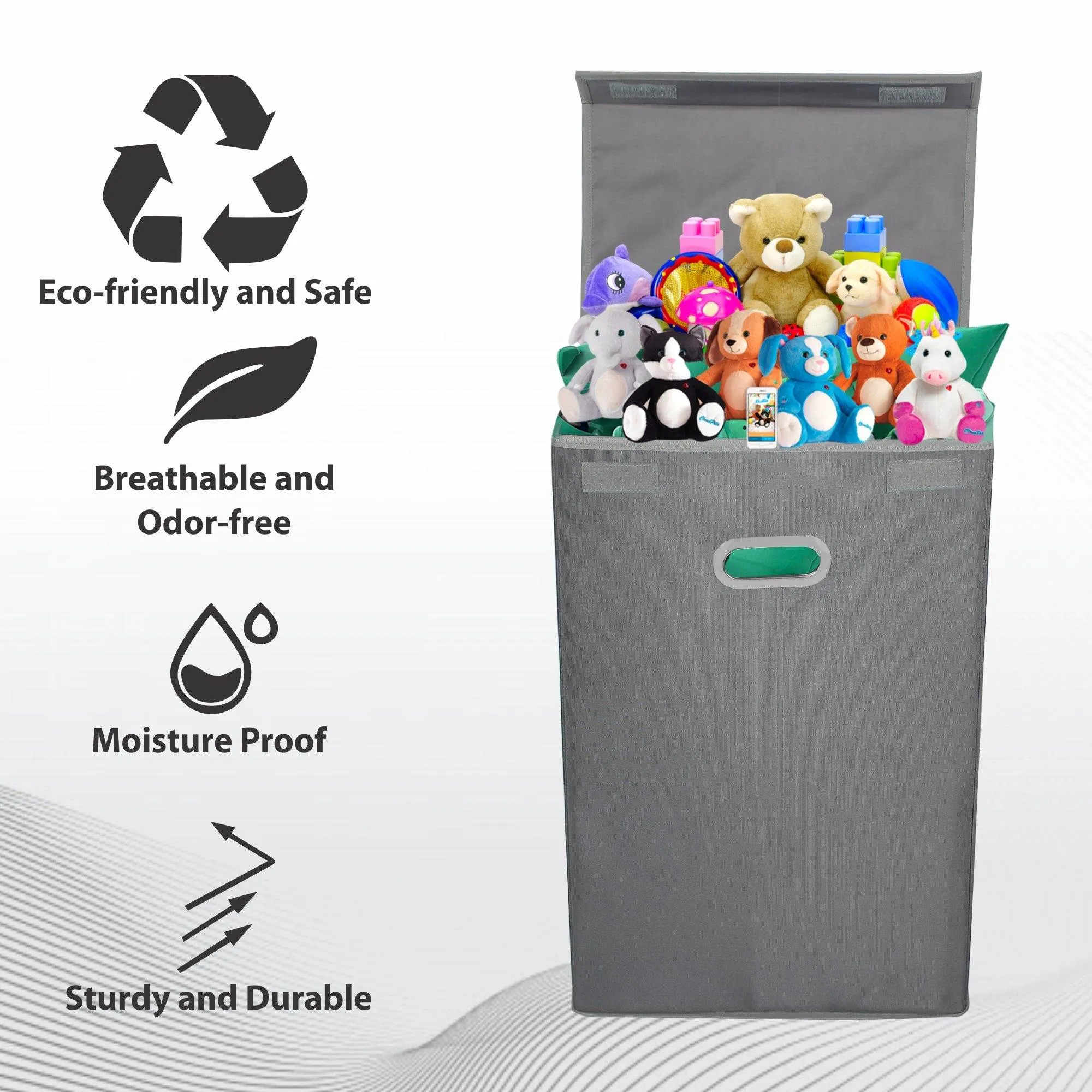 Double R Bags 72 L Foldable Laundry Basket With Lid Bag Hamper for Clothes , Collapsible Kids Room Toy Storage Organizer for Kids Room Large (Grey)