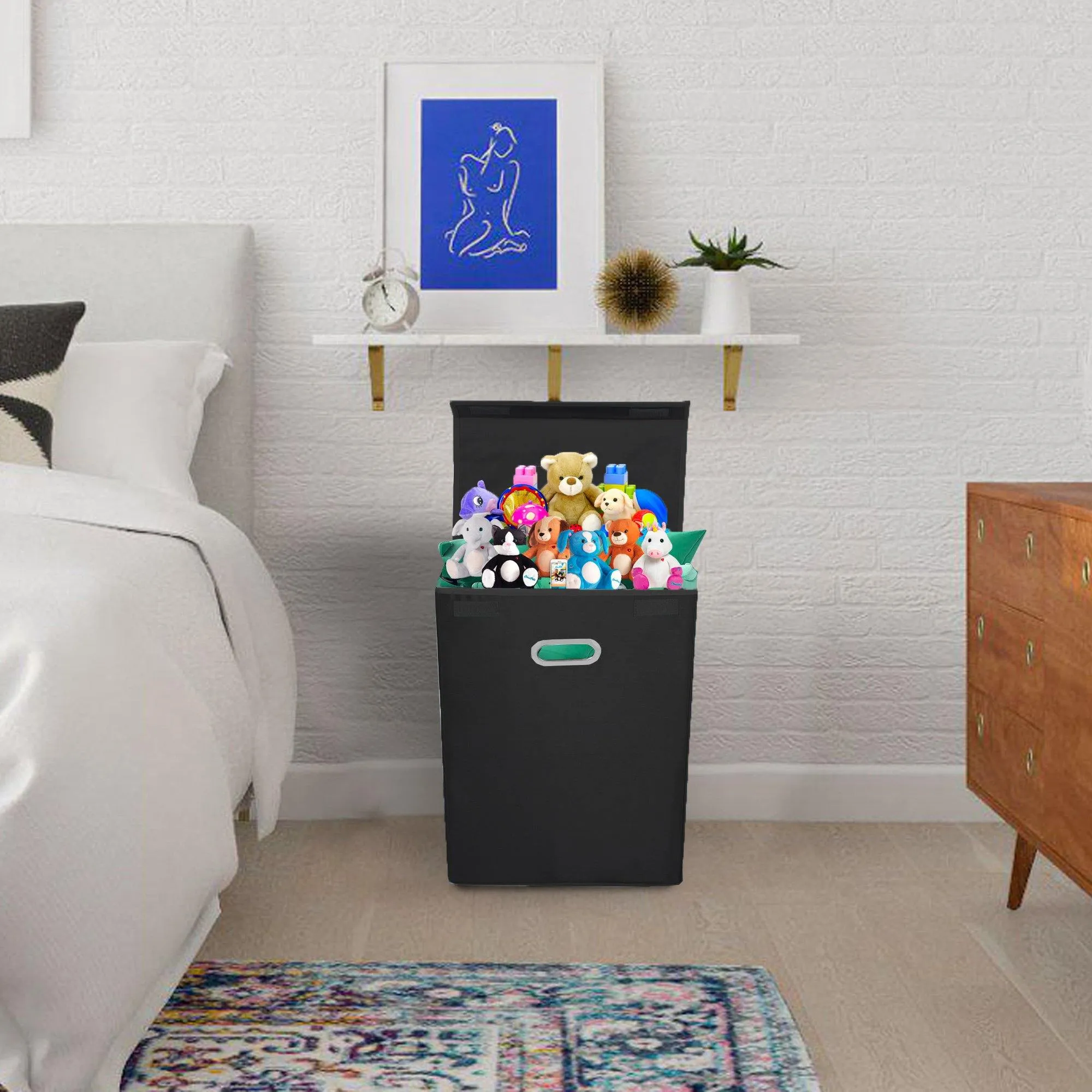 Double R Bags 72 L Foldable Laundry Basket With Lid Bag Hamper for Clothes Cum Collapsible Kids Room Toy Storage Organizer for Kids Room Large (Black)