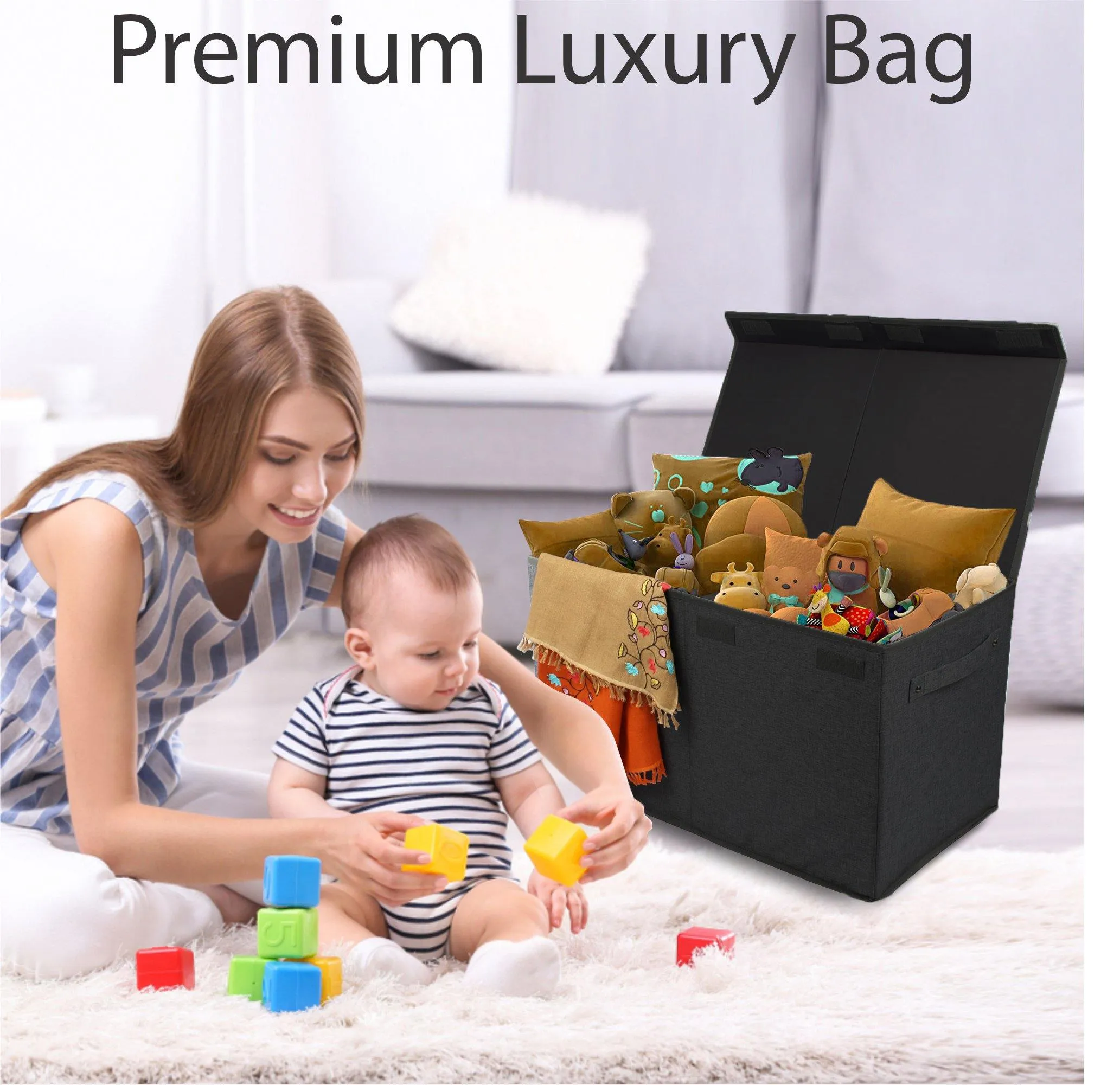 Double R Bags Collapsible Laundry Cum Toy Storage Basket Bin Hamper Box With Lid For Clothes Organizer Unit Size For Boys And Girls Room (Black)