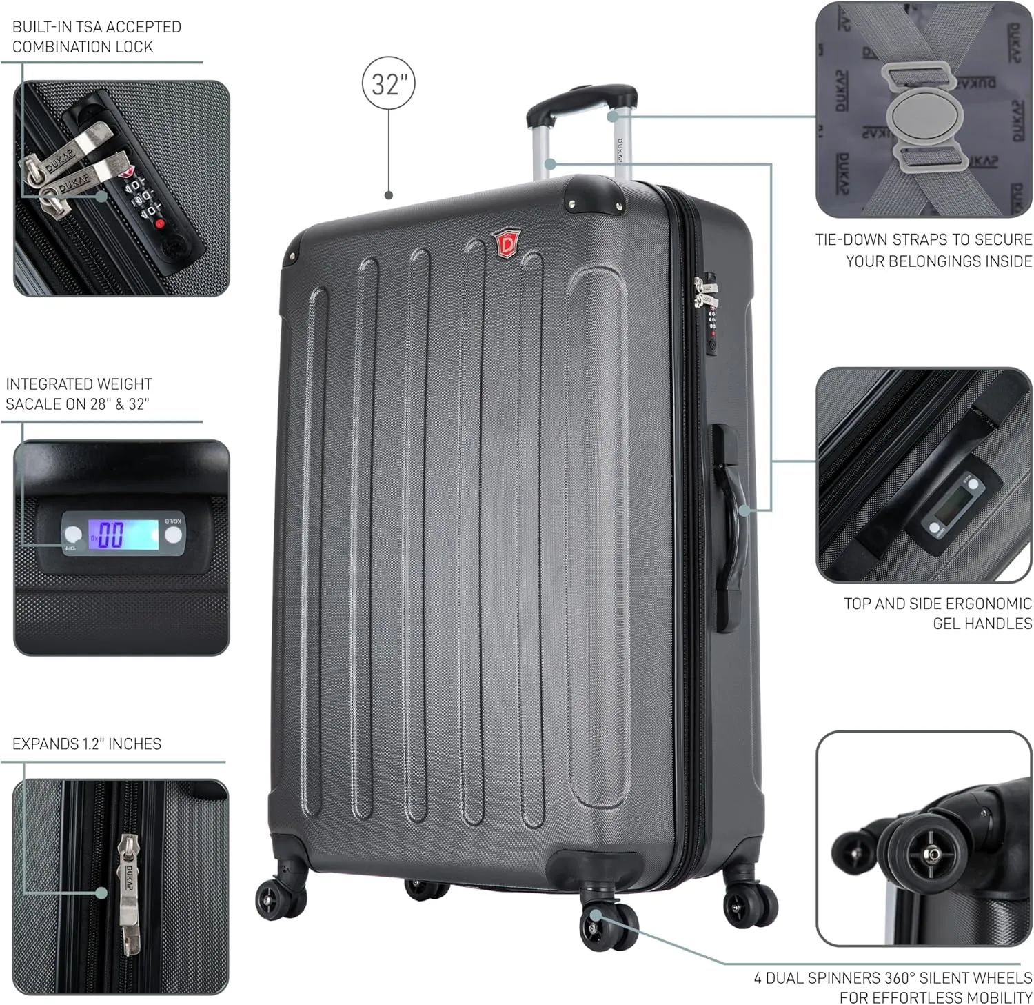 DUKAP INTELY Suitcase with Ergonomic GEL Handle | Spacious Hardside Travel Luggage with TSA Combination Lock and Digital Weight Scale | 32 Inch Large Suitcase | Grey